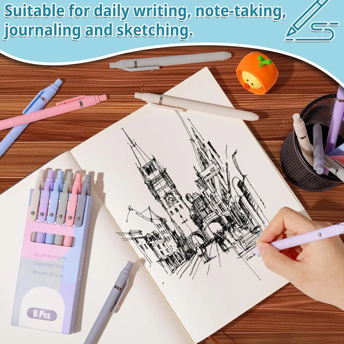 Gel Pens, 6 count Smooth Writing Pens No Bleed & Smear, Black Ink Cute Pens Fine Point (0.5mm), Retractable Aesthetic Pens School Office Supplies for Women & Men