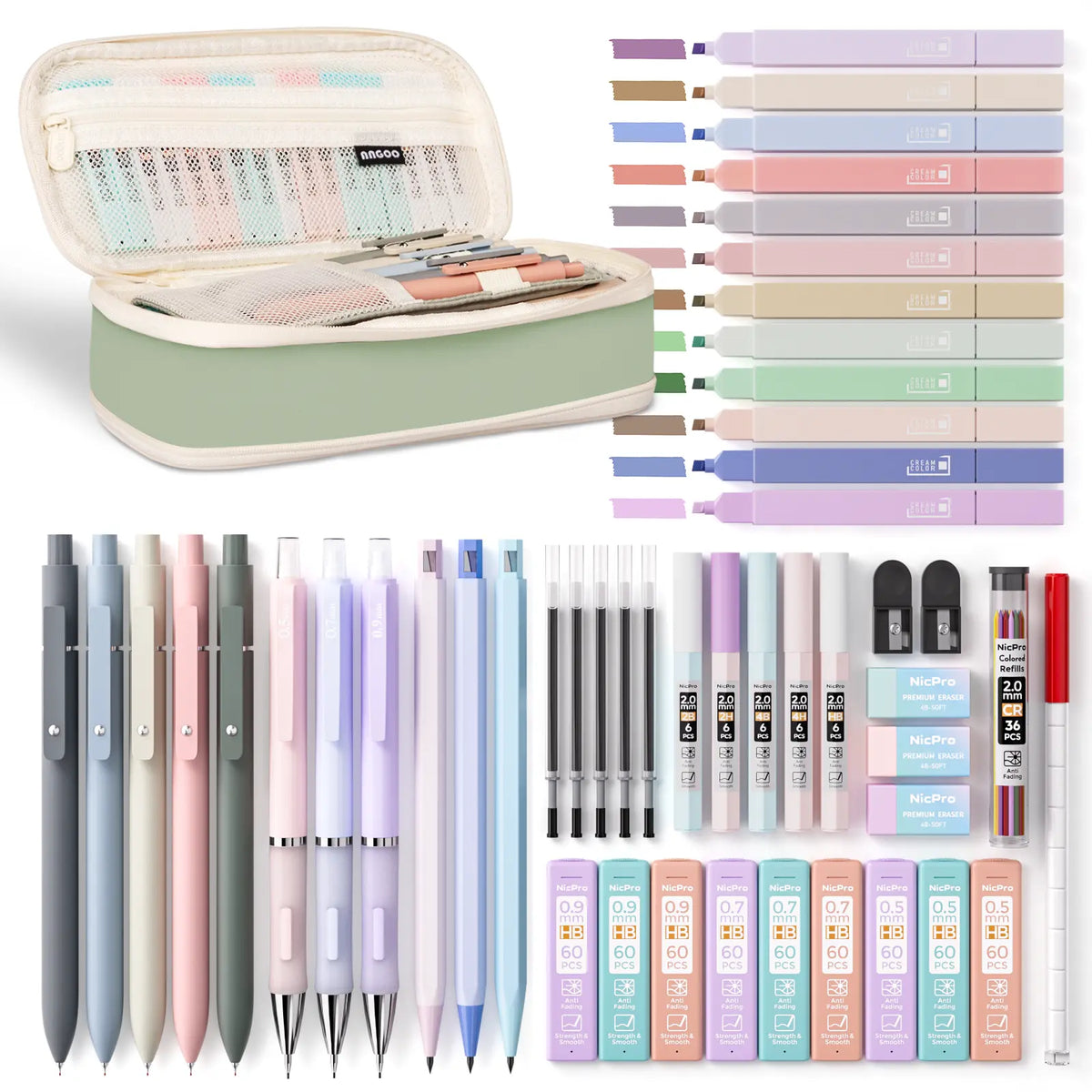 Nicpro Stationary Set, Cute Office & School Supplies with Big Capacity Pencil Pouch, 6 Pastel 0.5-0.7mm Smooth-Writing Mechanical Pencils & Markers for Students,back to school,back to school shopping,back to school,back to school haul
