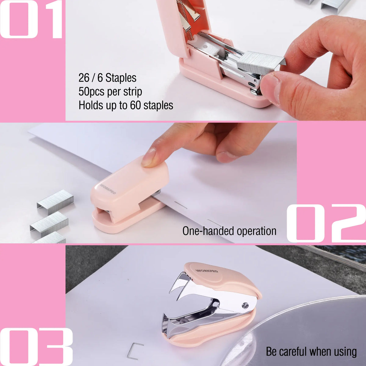 #toolupgrade WORKPRO Mini Stapler with Staples, Pink Stapler Set Includes Two Small Staplers, One Staple Remover, 2000 Standard Staples - Cute Staplers for Desk with Non-Slip Base, Lock Design