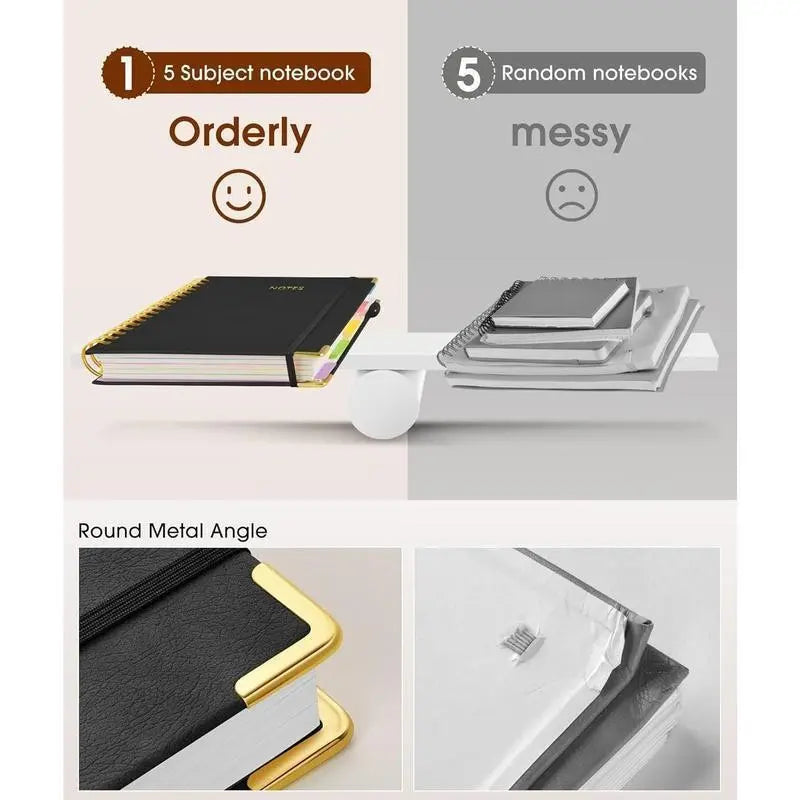Hardcover Spiral Notebook with Removable Dividers Tabs, 300 Pages Leather 5-Subject 8 x 10-Inch Large Format Notebook Writing Notebook for Work, School, Note-Taking, Travel Diary, Study Notebook Spiral Journal Hardcover Notebooks