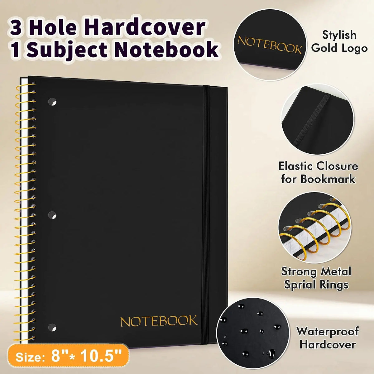 Spiral Notebook College Ruled Paper 8" x 10-1/2", 1 Subject Spiral Notebook, 3-Hole Punched Perforated Pages Ideal for School, Office, Writing, 95 Sheets Lined Journaling Notebook, Black
