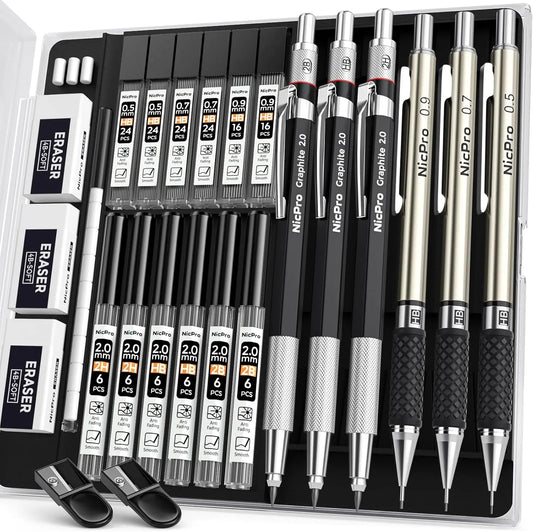 Nicpro 2.0 mm Compact Metal Mechanical Pencil Set - Graphite Mechanical Pencils, Lead Holder with Lead Refills Case for Writing, Sketching (Office Stationery Writing Tool)