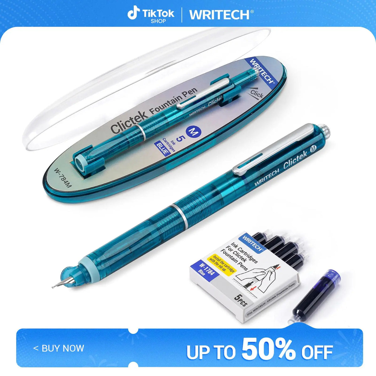 WRITECH Clictek Fountain Pen Set Retractable Style Blue Ink Medium Nib Transparent Barrel, Includes 5 Ink Cartridges for Gift Set Writing Tools Stationery Office Supplies