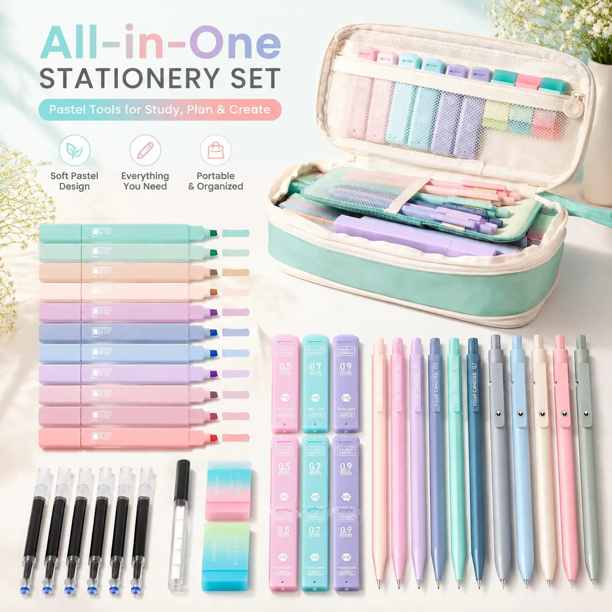 【back to a school shopping】Four Candies School Supplies with Cute Pencil Case, 39ct | Back to School Stationery Set, Essentials for College & Nursing Students, 5 Gel Pens, 6 Mechanical Pencils, 12 Highlighters