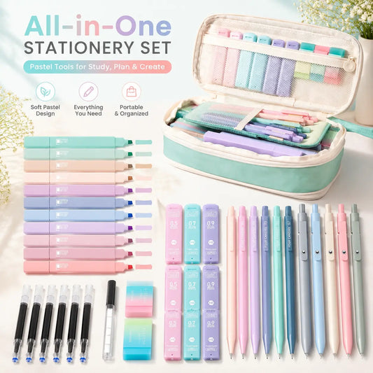 【back to a school shopping】Four Candies School Supplies with Cute Pencil Case, 39ct | Back to School Stationery Set, Essentials for College & Nursing Students, 5 Gel Pens, 6 Mechanical Pencils, 12 Highlighters