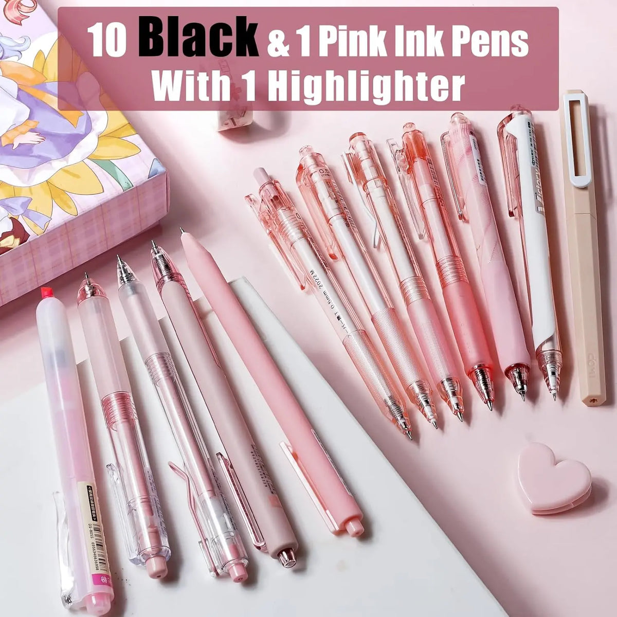 Four Candies 12PCS Pastel Gel Pen Set, Cute 0.5 mm Fine Point Writing Pens with 10 Black,1 Pink Ink,1 Highlighter, Quick Dry Aesthetic Girly Stationery Desk Accessories for Students, Notebook Writing,School & Office back to school supplies