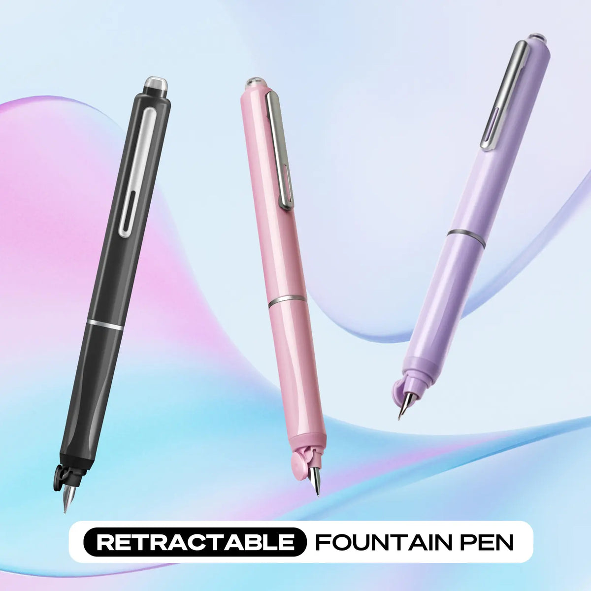 WRITECH Fountain Pen Black Ink with Retractable Fine Nib - Set of 5 Ink Cartridges for Smooth Calligraphy, Journaling and Sketching - Pink Gift