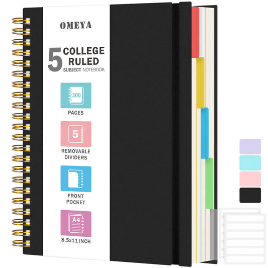 OMEYA 5 Subject Spiral Notebook, College Ruled Stationery Journaling Notebook, A4/A5 Size, 300 Pages 100GSM Thick Paper with Removable Dividers & Clear Inner Pocket for School Office,back to school,back to school haul