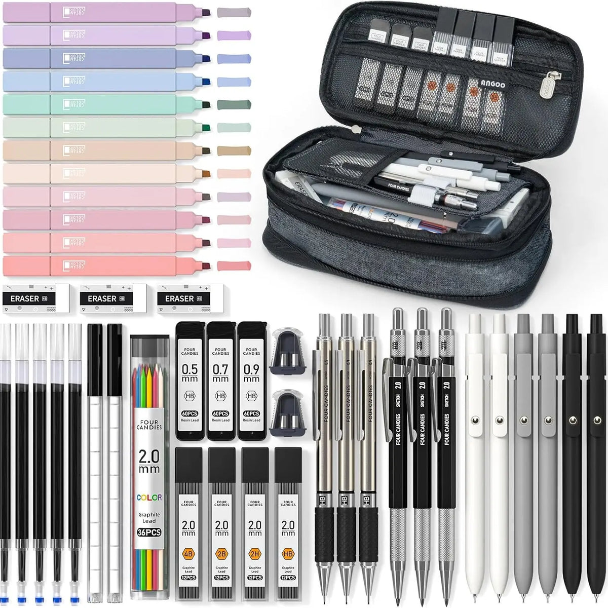【Buy 1 Get Gift】back to school shopping Four Candies 56PCS Aesthetic School Supplies with Cute Pencil Case,6 Multicolor Pens,12 Pastel Highlighters, 5 Black Ink Gel Pens, 9 Mechanical Pencils for Student Essentials,girly office supplies,Writing Stationery