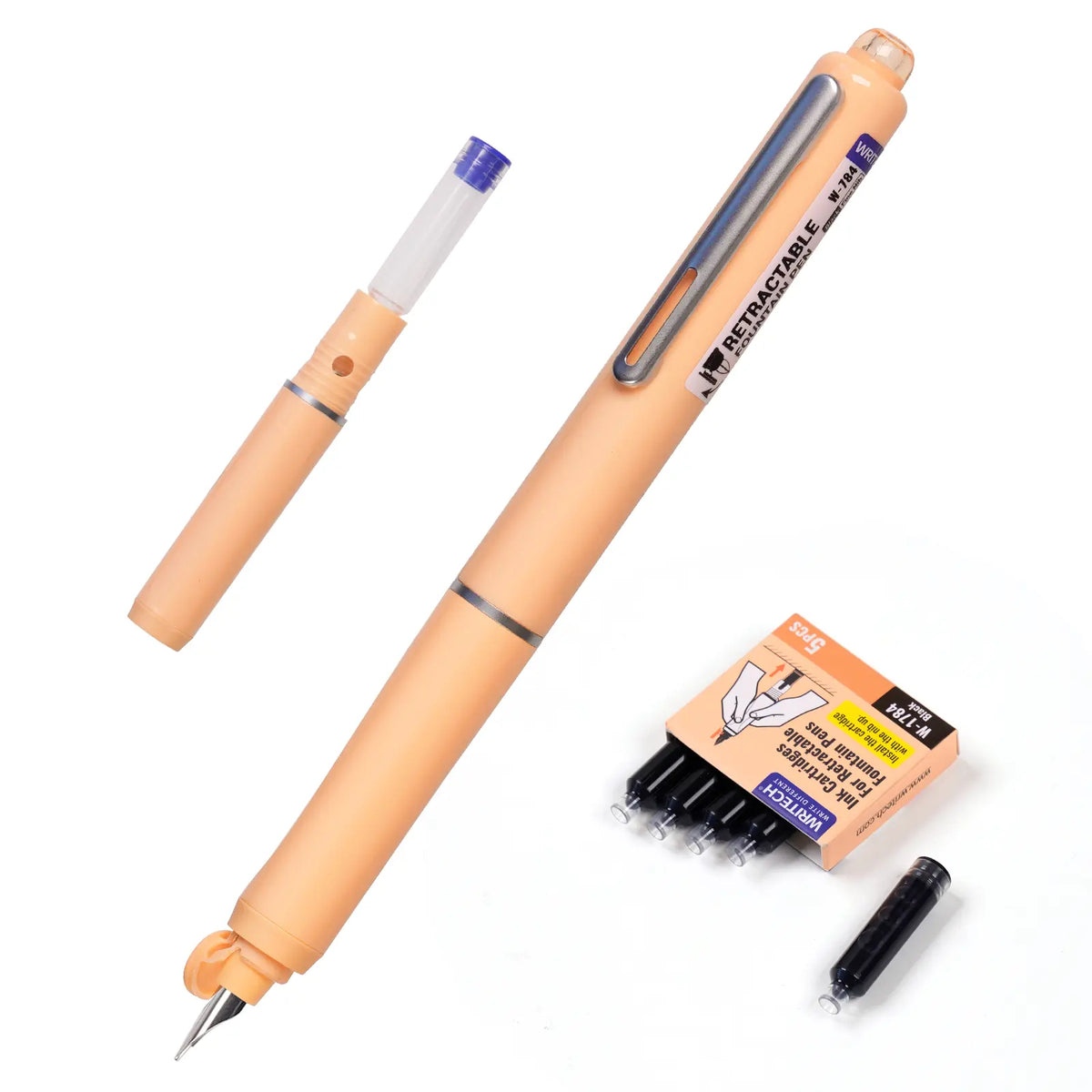 WRITECH Fountain Pen Black Ink with Retractable Fine Nib - Set of 5 Ink Cartridges for Smooth Calligraphy, Journaling and Sketching - Pink Gift