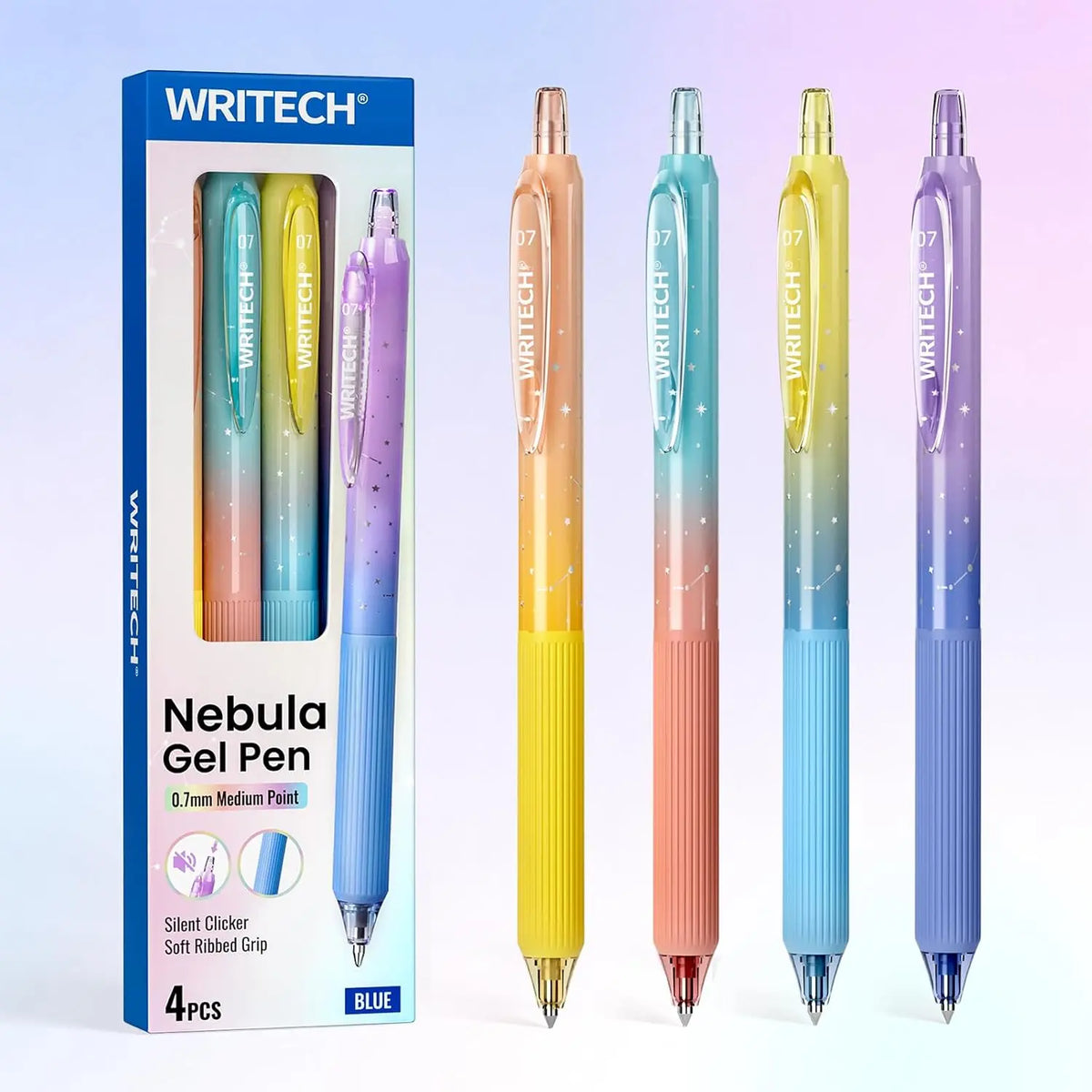 WRITECH Gel Pens Fine Point 0.7mm Black Ink Retractable 6ct with Gradient Color Barrel, Soft Vertical Stripe Silicone Grip & Detachable Design for Note Taking Silent Click No Smear Nebula Pen Set
