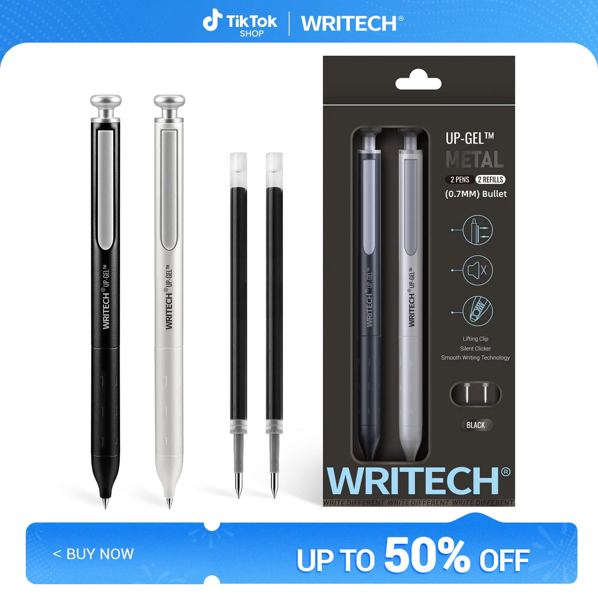 WRITECH Gel Pens Black Ink Sleek Metal Barrel 0.7mm Retractable Quick-Drying Space Up Astroline Silent Clicker No Smear Office Supplies Writing Tools