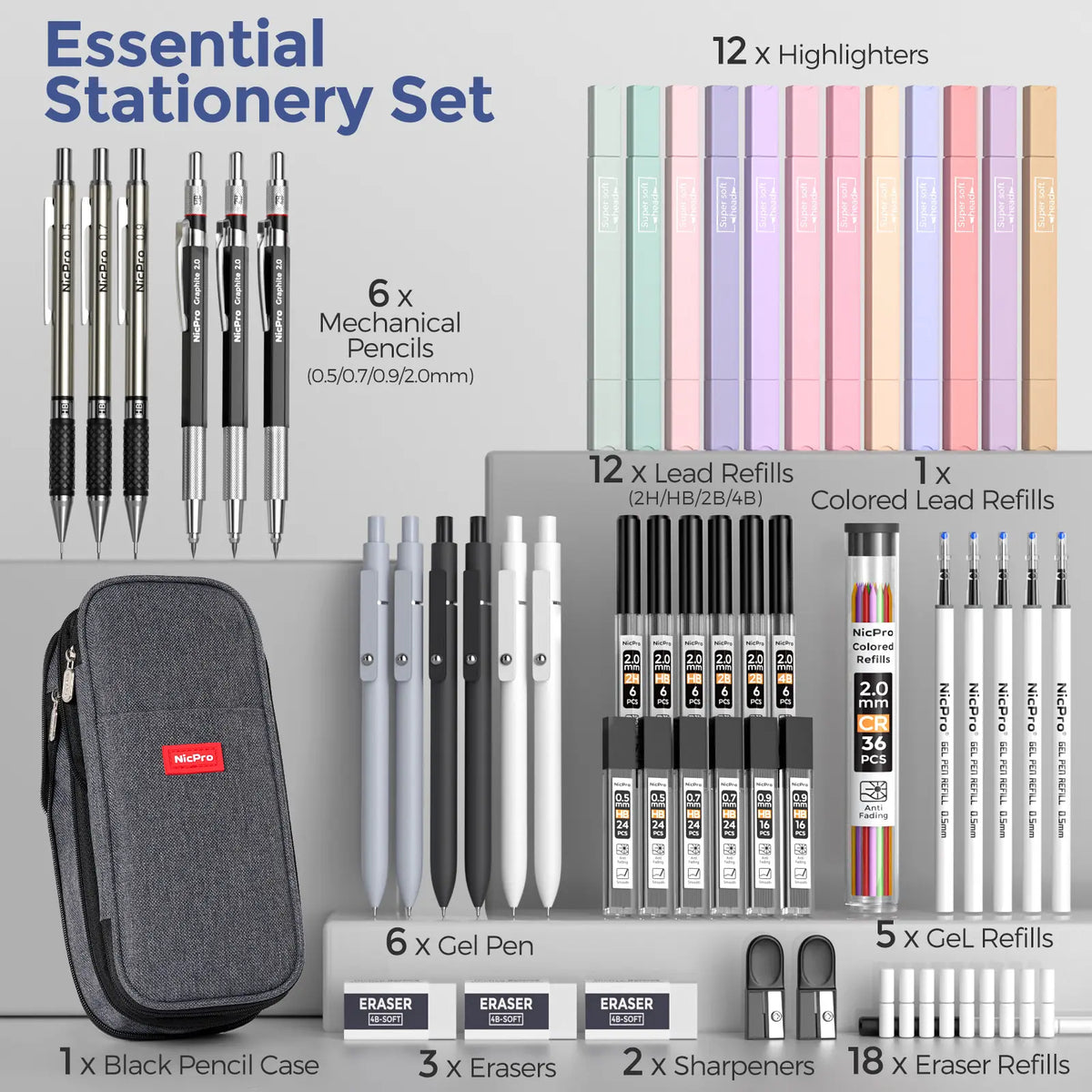Nicpro 50 PCS Office Stationery Set with Pencil Pouch - Back to School Shopping Learning Tool, Drawing Supplies Kit, 6 Gel Pens & Refills, 12 Highlighters, 6 Art Mechanical Pencils, 12 Tube Lead Refills for Students, College School Supplies