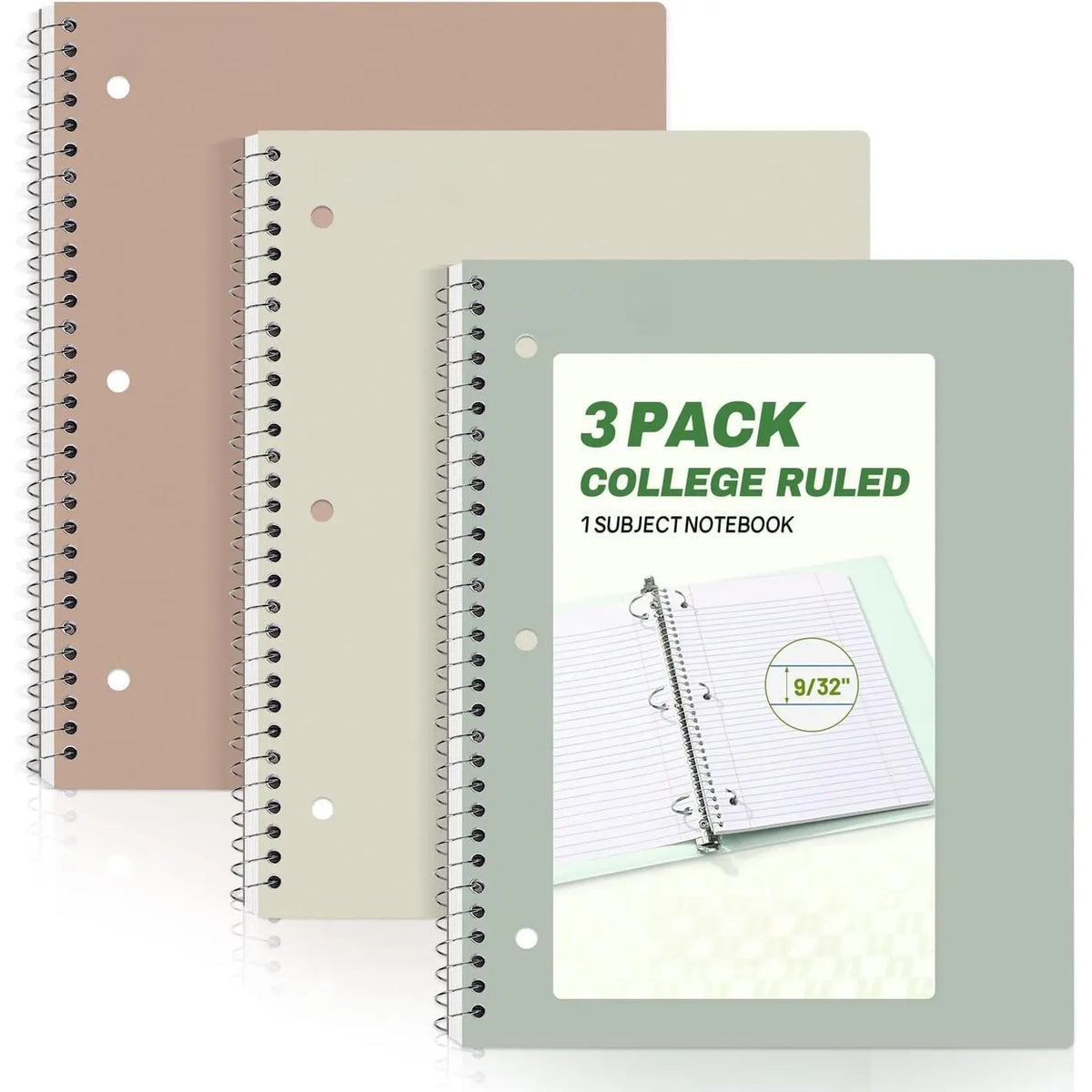 Modern Spiral Notebooks 3-Pack, 1-Subject College Ruled, 8" x 10.5", 70 Sheets Each, Cherry & Green, Back to School Office Stationery for College School Supplies Haul