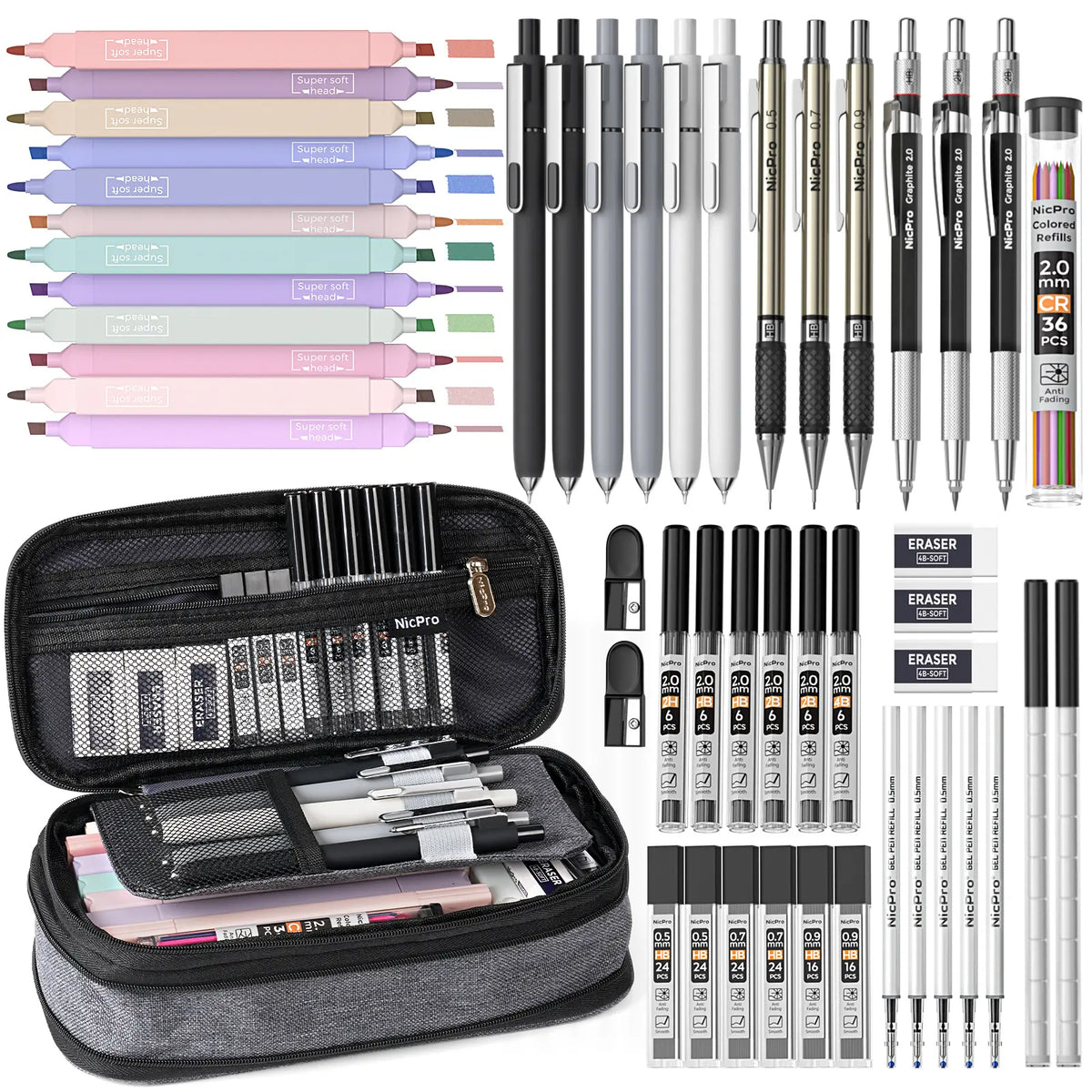 Nicpro Stationary Set, Cute Office & School Supplies with Big Capacity Pencil Pouch, 6 Pastel 0.5-0.7mm Smooth-Writing Mechanical Pencils & Markers for Students,back to school,back to school shopping,back to school,back to school haul