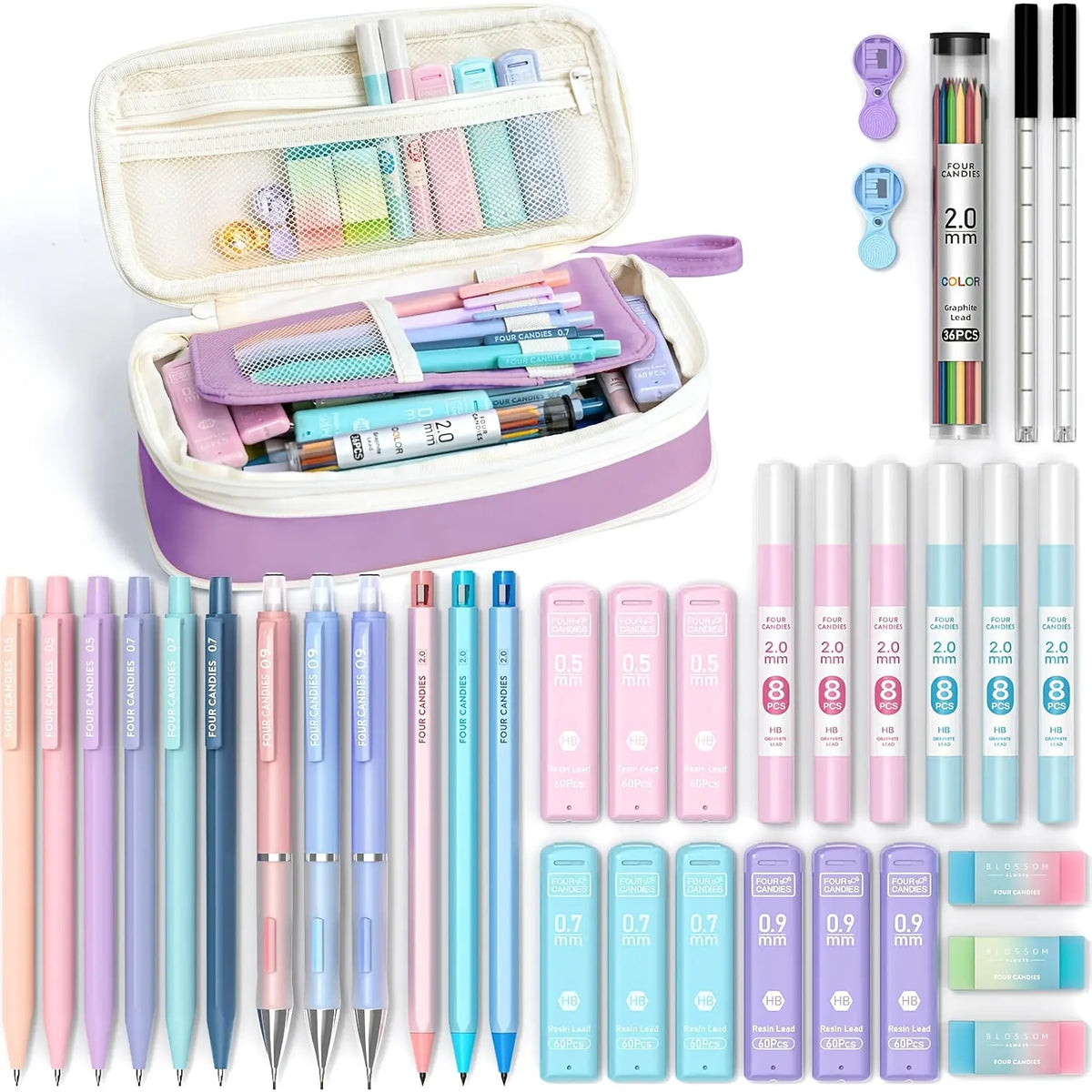 Four Candies 36PCS Aesthetic School Supplies, Mechanical Pencils 0.5mm, 0.7mm, 0.9mm & 2.0mm with 624PCS Lead Refills, Cute Mechanical Pencils for Writing, Drawing & Drafting, Student Essentials, Back to School Supplies Shopping,back to school shopping