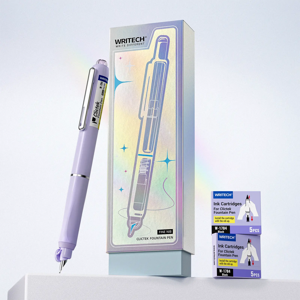 WRITECH Clictek Fountain Pen Set Retractable Style Blue Ink Medium Nib Transparent Barrel, Includes 5 Ink Cartridges for Gift Set Writing Tools Stationery Office Supplies
