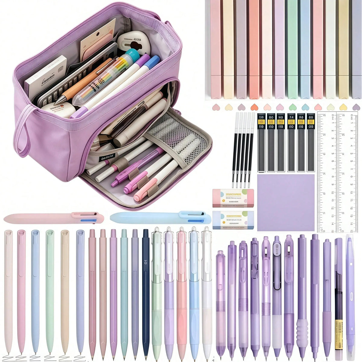 61 PCS Aesthetic School Study Supplies with Large Pencil Case, Black Ink Gel Pens for Writing, 0.5 mm Smooth Fine Point Mechanical Pencils Set, 12 Highlighters, Sticky Notes, Stationery Bag for Teens, Adults and Students