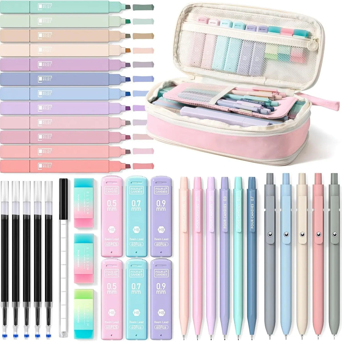 Four Candies 36PCS Learning Materials, Aesthetic School Supplies in Large Capacity Pencil Case, 12PCS Mechanical Pencils 0.5-2.0mm with 624PCS Lead Refills,Cute Aesthetic Mechanical Pencils for Writing,Drawing & Drafting, Back to School Supplies Shopping