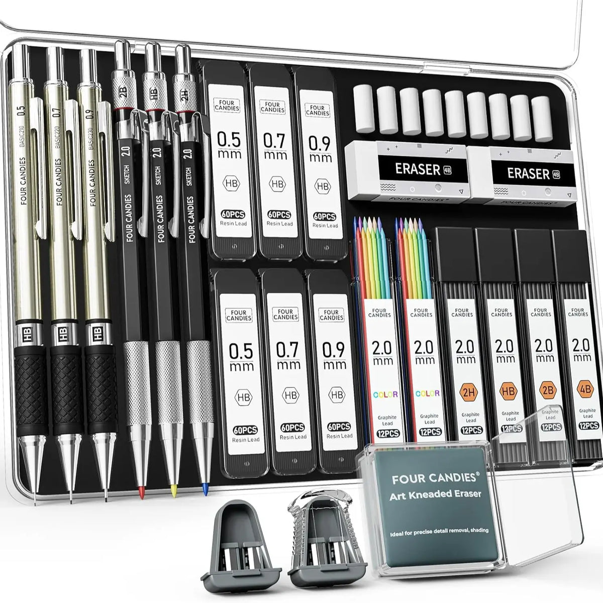 Four Candies 25PCS Back to School Mechanical Pencil Set with Case,0.5/0.7/0.9mm Metal Pencils&3PCS 4B Erasers&432PCS Graphite Leads,Essential Student Writing,Drawing&Sketching Supplies,Perfect Graduation Stationery Gifts,summerwins