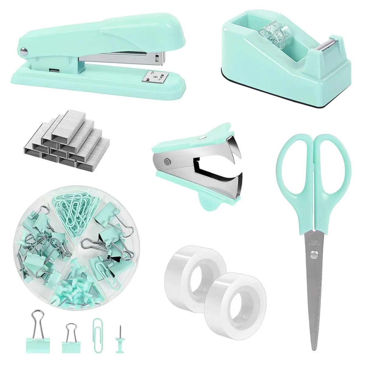 SKYDUE Pink Multifunctional Home Office Stationery Set - Office Accessories, Desk Accessories, Girly College School Supplies, Teacher Stuff, Space-Saver, Includes Stapler, Tape Dispenser, Scissors, Clips, 1000pcs Staples, Ideal for Women, Birthdays