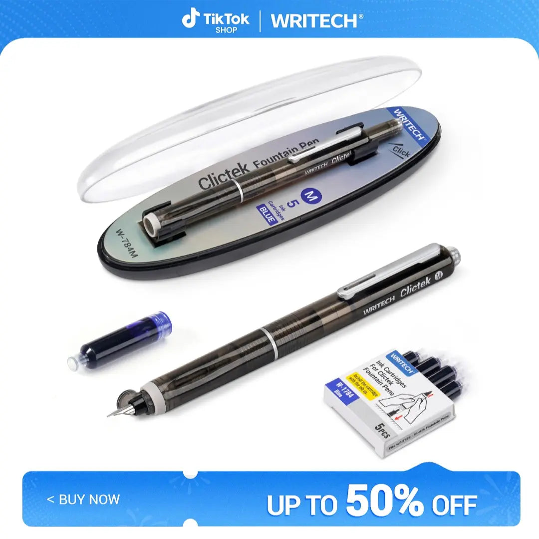 WRITECH Clictek Fountain Pen Set Retractable Style Blue Ink Medium Nib Transparent Barrel, Includes 5 Ink Cartridges for Gift Set Writing Tools Stationery Office Supplies