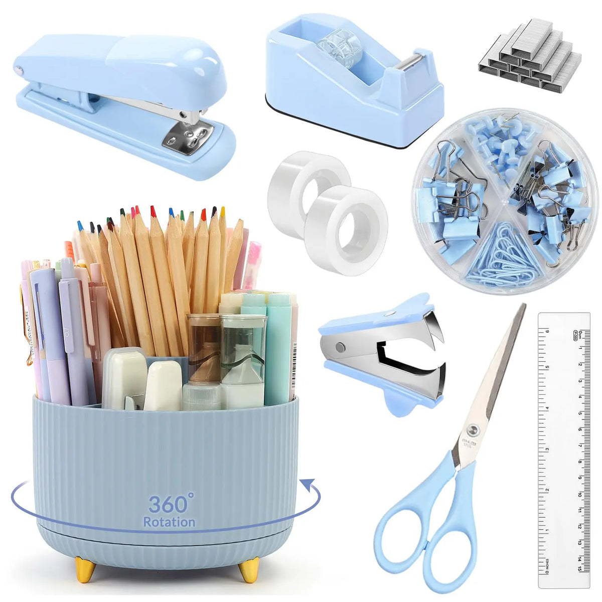 SKYDUE 10PCS Cute Office Accessories Desk Supplies Set - 1x360-Degree Rotating Pen Holder, Stapler, Tape Dispenser, Scissors, Ruler, Binder Clips, 1000pcs Staples, Anti-Tipping Organizer for Stationery Supplies, Desk Organization, Birthdays