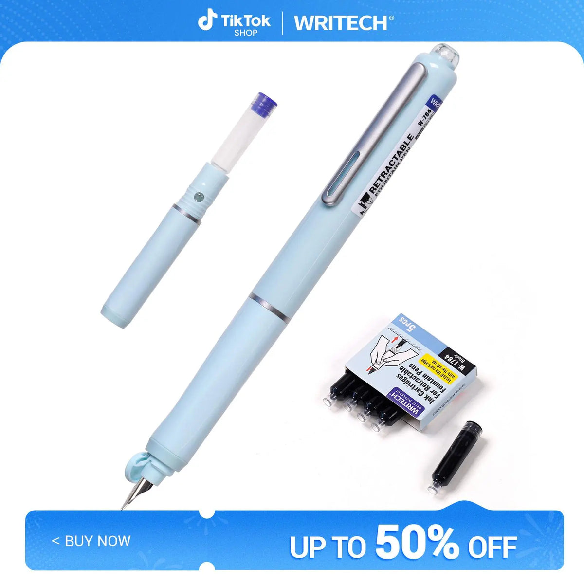 WRITECH Clictek Fountain Pen Set Retractable Style Blue Ink Medium Nib Transparent Barrel, Includes 5 Ink Cartridges for Gift Set Writing Tools Stationery Office Supplies