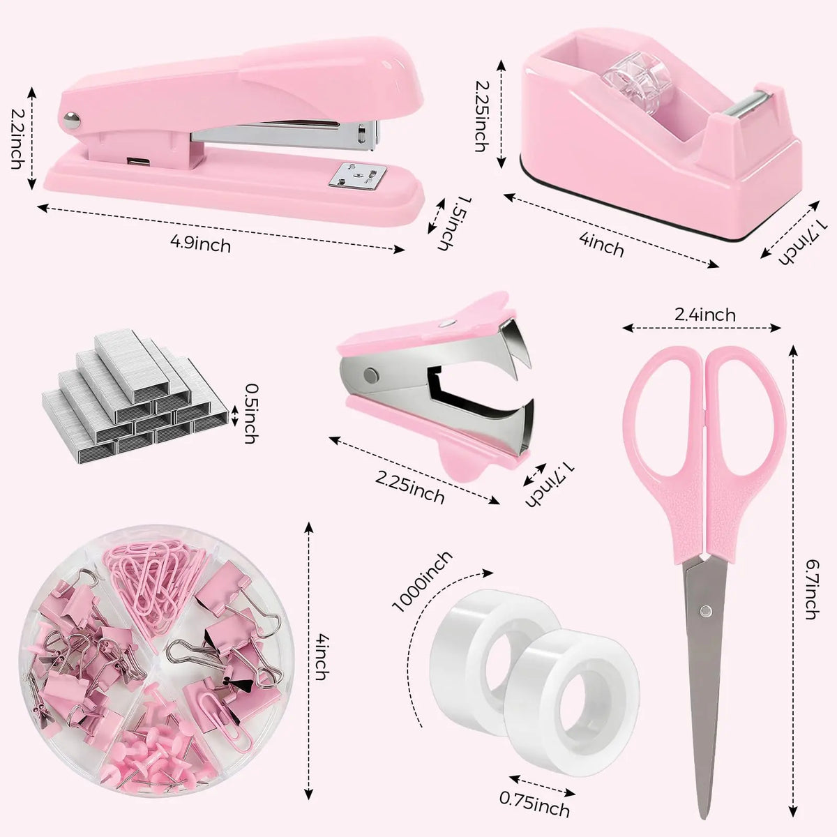 SKYDUE Pink Multifunctional Home Office Stationery Set - Office Accessories, Desk Accessories, Girly College School Supplies, Teacher Stuff, Space-Saver, Includes Stapler, Tape Dispenser, Scissors, Clips, 1000pcs Staples, Ideal for Women, Birthdays
