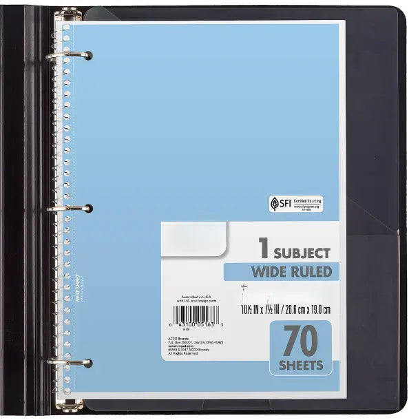 6 Pack Spiral Notebook, 1 Subject, Wide Ruled Paper, 7-1/2" x 10-1/2", 70 Sheets per Notebook, Assorted Pastel Colors (930050-ECM)
