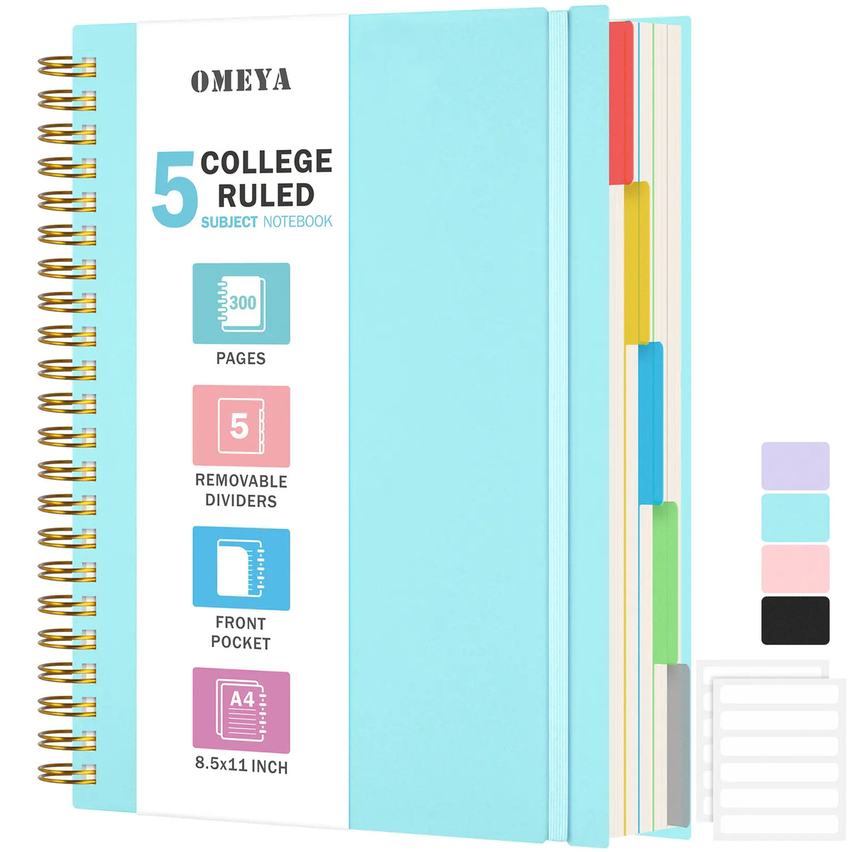 OMEYA 5 Subject Spiral Notebook, College Ruled Stationery Journaling Notebook, A4/A5 Size, 300 Pages 100GSM Thick Paper with Removable Dividers & Clear Inner Pocket for School Office,back to school,back to school haul