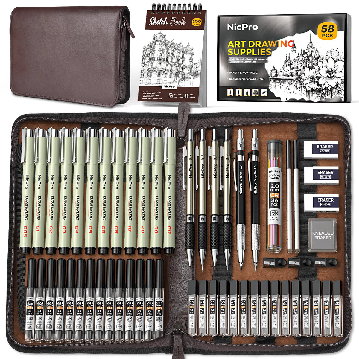 Nicpro 58-Piece Deluxe Leather Case Art Set - Office Stationery Kit with Sketchbook Art & Writing Tools, Artist Hand Drawn Supplies, Artist Quality Graphite Mechanical Pencils, 0.5/0.7/0.9/2mm Metal Drafting Pencils, 12-Micron Pen, 30 Lead Refills
