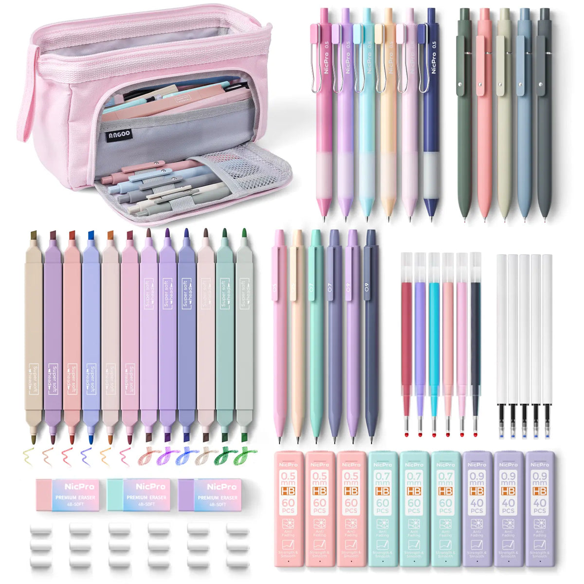 Nicpro 78 PCS Aesthetic School Supplies with Cute Pen Case, 12 Pastel Highlighters, 12 Color & Black Ink Gel Pens, 10 Mechanical Pencils 0.5, 0.7, 0.9, 2.0 mm, 6 Ballpoint Pen for Student Stationary,back to school,back to school shopping