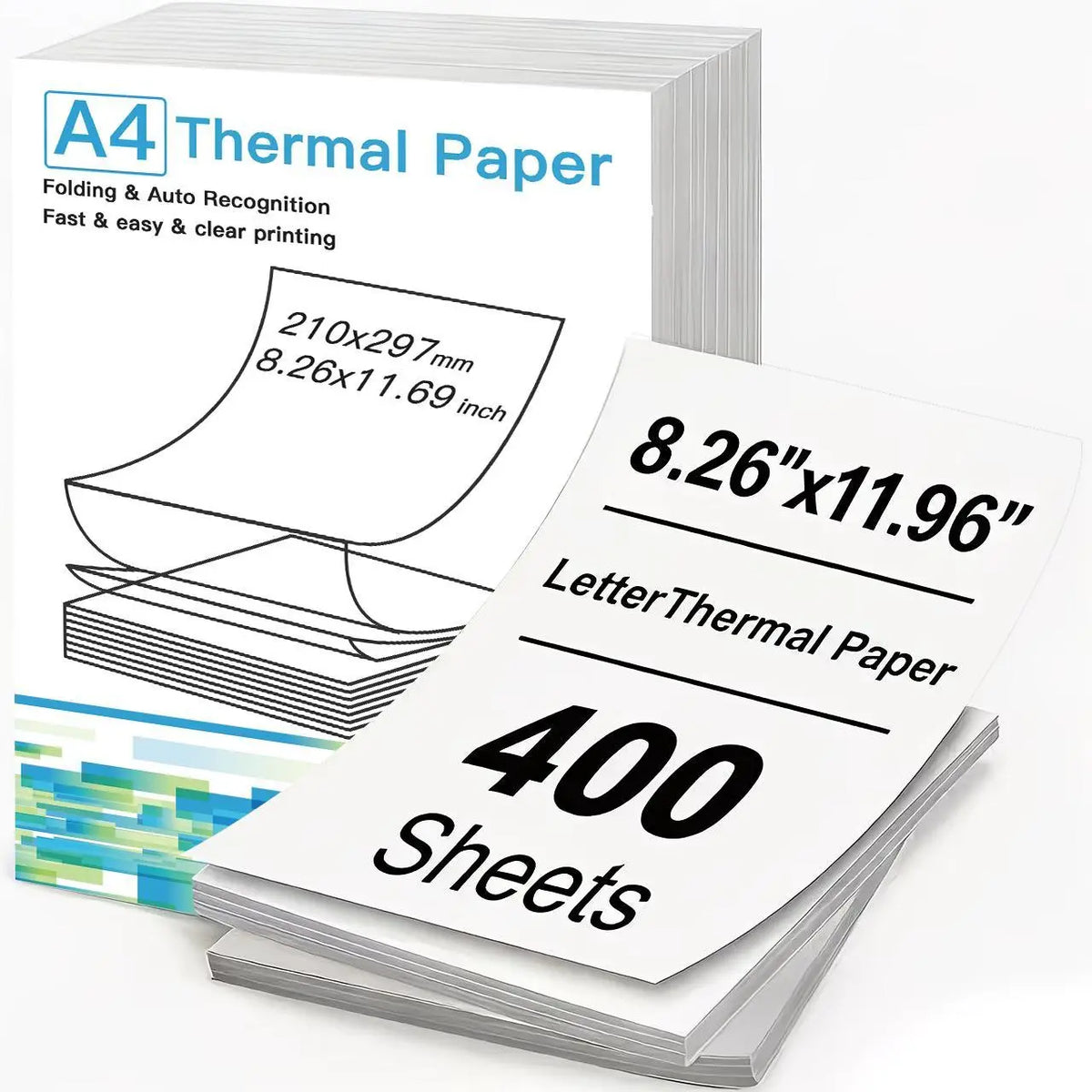 A4 Folding Thermal Paper (400 Sheets, 210×297mm/8.26×11.69 inch) – Black Sensor Marks, Auto Recognize Paper, No Ink Needed, Continuous Fold for Portable A4 Thermal Printers, Office Document Printing