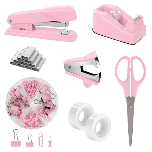 SKYDUE Pink Multifunctional Home Office Stationery Set - Office Accessories, Desk Accessories, Girly College School Supplies, Teacher Stuff, Space-Saver, Includes Stapler, Tape Dispenser, Scissors, Clips, 1000pcs Staples, Ideal for Women, Birthdays