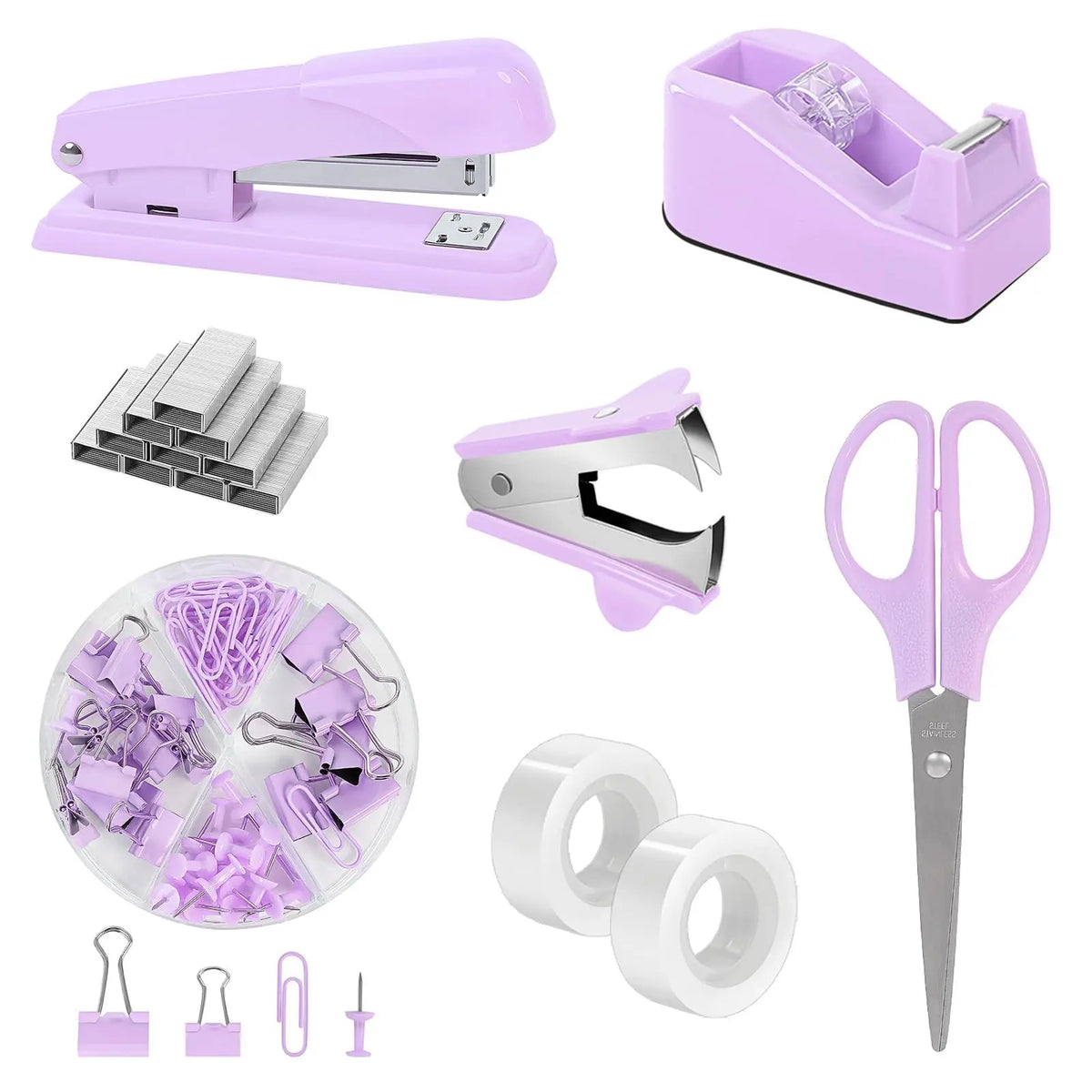 SKYDUE Pink Multifunctional Home Office Stationery Set - Office Accessories, Desk Accessories, Girly College School Supplies, Teacher Stuff, Space-Saver, Includes Stapler, Tape Dispenser, Scissors, Clips, 1000pcs Staples, Ideal for Women, Birthdays