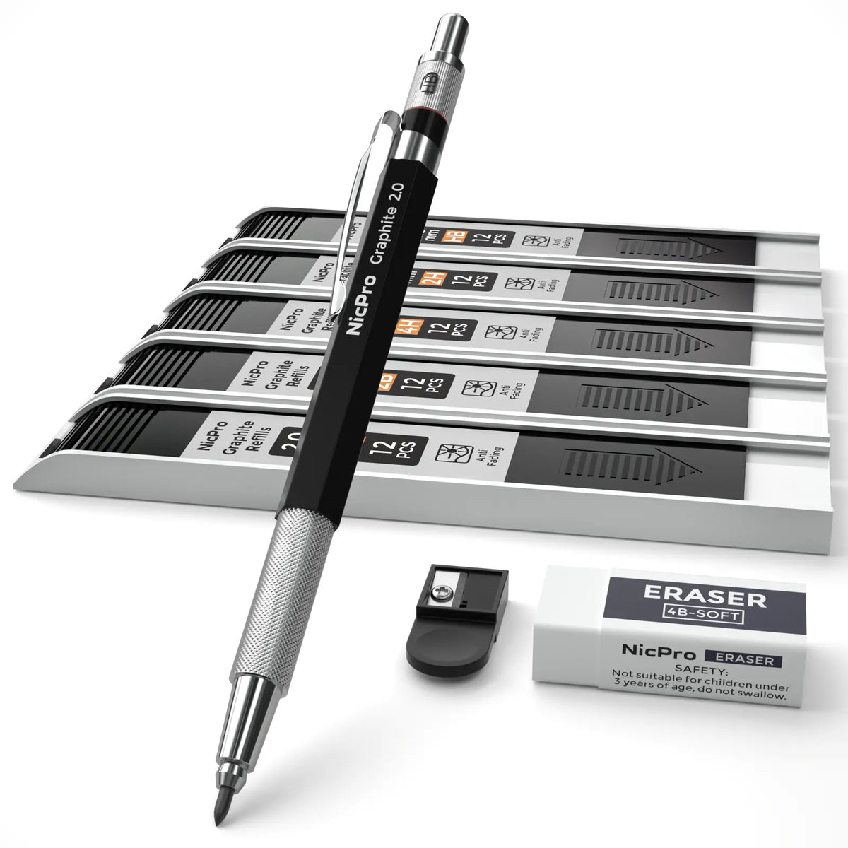 Nicpro 2.0 mm Compact Metal Mechanical Pencil Set - Graphite Mechanical Pencils, Lead Holder with Lead Refills Case for Writing, Sketching (Office Stationery Writing Tool)