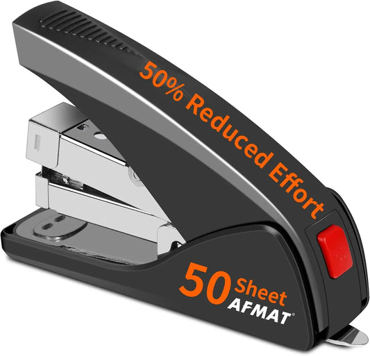 AFMAT Durable Ergonomic Plastic/Metal Stapler - 1-Finger Jam-Free Stapling, 50-Sheet Capacity, Built-In Remover, Compact Portable Travel Office Stationery, School Supplies for Desk Use