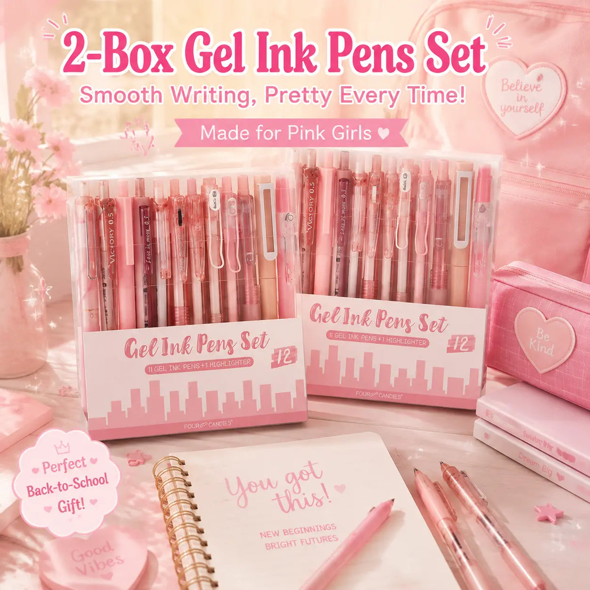 Four Candies 12PCS Pastel Gel Pen Set, Cute 0.5 mm Fine Point Writing Pens with 10 Black,1 Pink Ink,1 Highlighter, Quick Dry Aesthetic Girly Stationery Desk Accessories for Students, Notebook Writing,School & Office back to school supplies