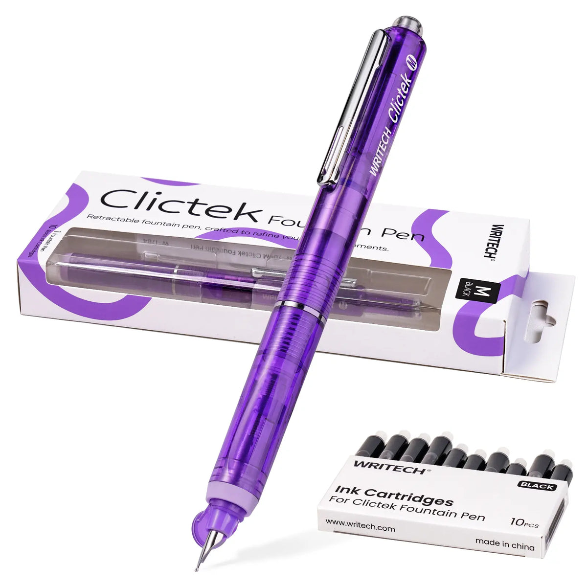 WRITECH Clictek Fountain Pen Set Retractable Style Blue Ink Medium Nib Transparent Barrel, Includes 5 Ink Cartridges for Gift Set Writing Tools Stationery Office Supplies
