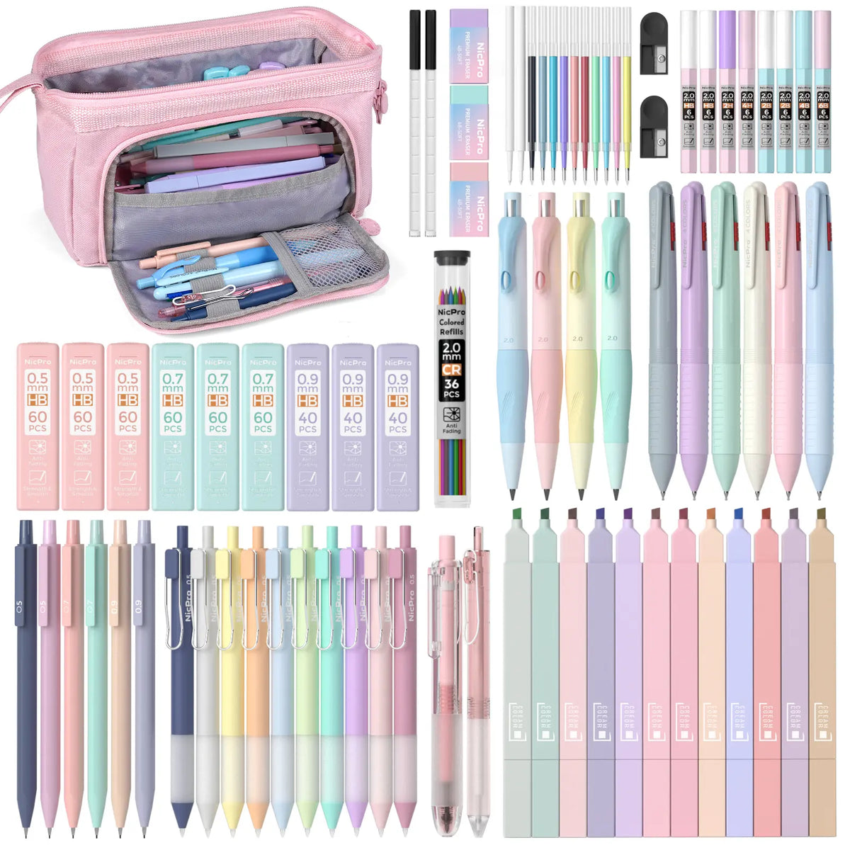 Nicpro 78 PCS Aesthetic School Supplies with Cute Pen Case, 12 Pastel Highlighters, 12 Color & Black Ink Gel Pens, 10 Mechanical Pencils 0.5, 0.7, 0.9, 2.0 mm, 6 Ballpoint Pen for Student Stationary,back to school,back to school shopping