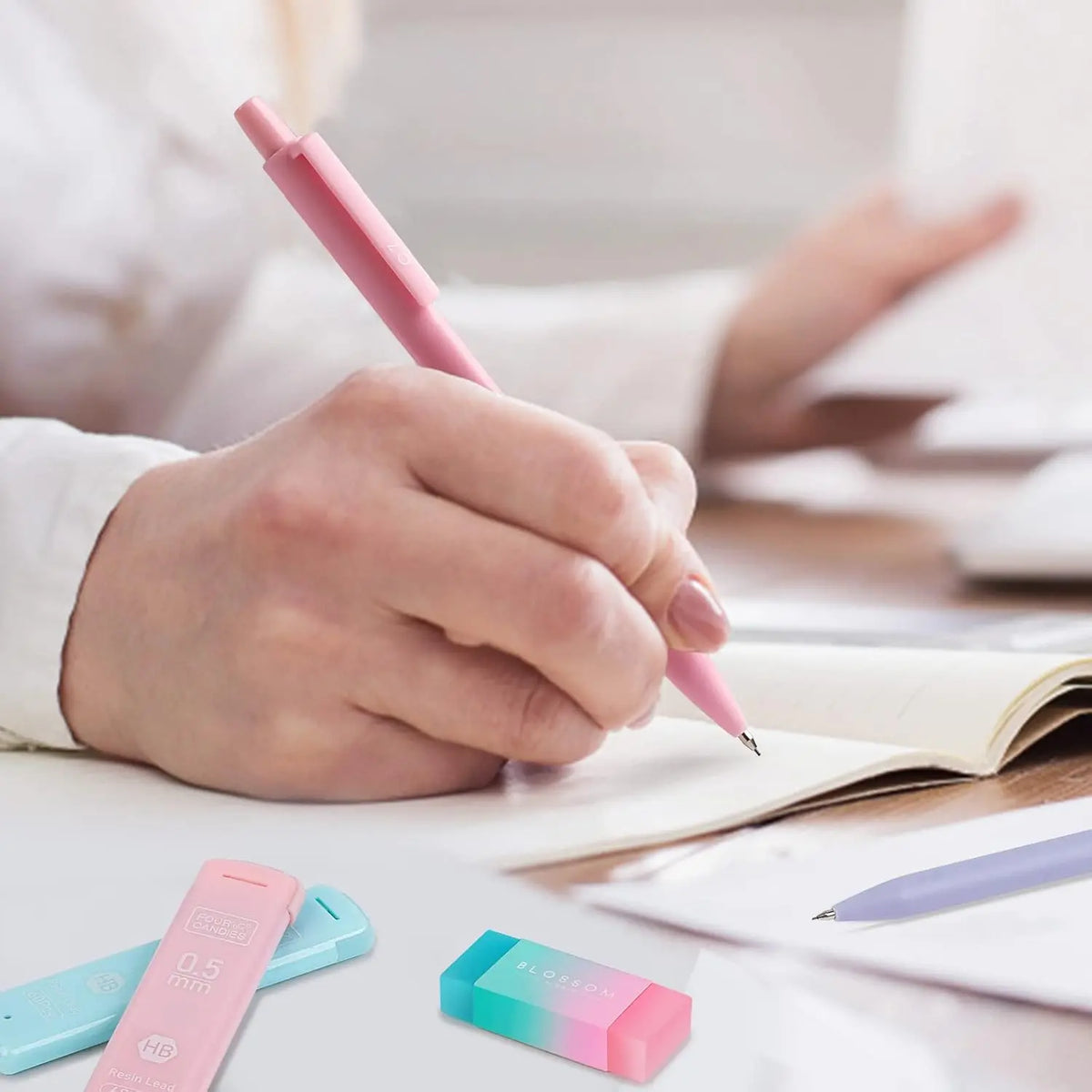 [Back to School Haul] 12PCS Pastel Mechanical Pencil Set (0.5 & 0.7 mm, HB/2B) with Case, 360 Leads in 6 Tubes (2 Packs), 21PCS Pastel Eraser Set - School Supplies Haul, Student Essentials, Teenage Girls Gifts