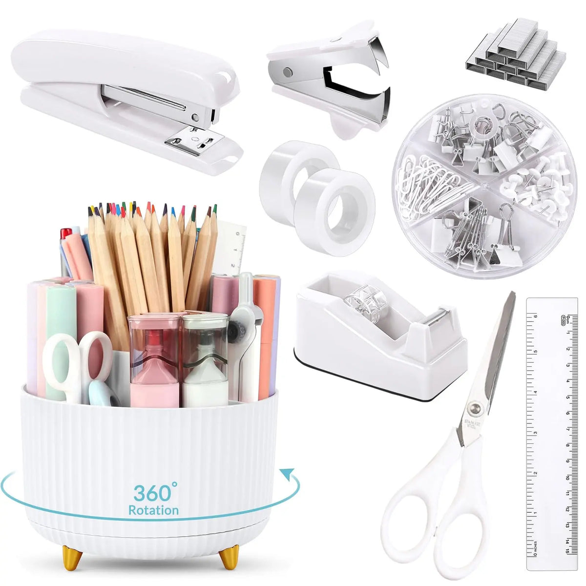 SKYDUE 10PCS Cute Office Accessories Desk Supplies Set - 1x360-Degree Rotating Pen Holder, Stapler, Tape Dispenser, Scissors, Ruler, Binder Clips, 1000pcs Staples, Anti-Tipping Organizer for Stationery Supplies, Desk Organization, Birthdays