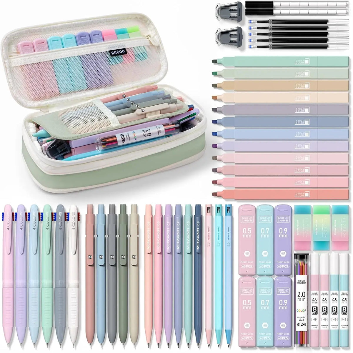 Four Candies 56 PCS Aesthetic School Supplies with Large Pencil Case, 6 Colored Ballpoint Pens, 12 Pastel Highlighters, 5 Black Ink Gel Pens, 9 Mechanical Pencils 0.5-2.0mm Student Essentials, school supplies art work,girly office supplies,Refill Packs, S