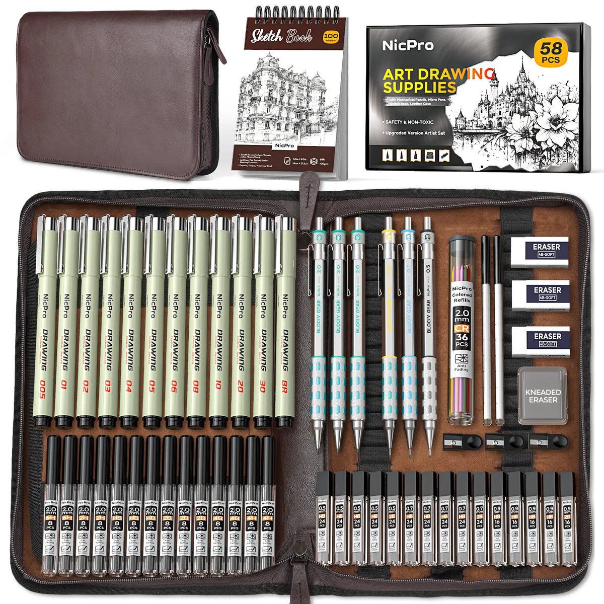 Nicpro 58-Piece Deluxe Leather Case Art Set - Office Stationery Kit with Sketchbook Art & Writing Tools, Artist Hand Drawn Supplies, Artist Quality Graphite Mechanical Pencils, 0.5/0.7/0.9/2mm Metal Drafting Pencils, 12-Micron Pen, 30 Lead Refills