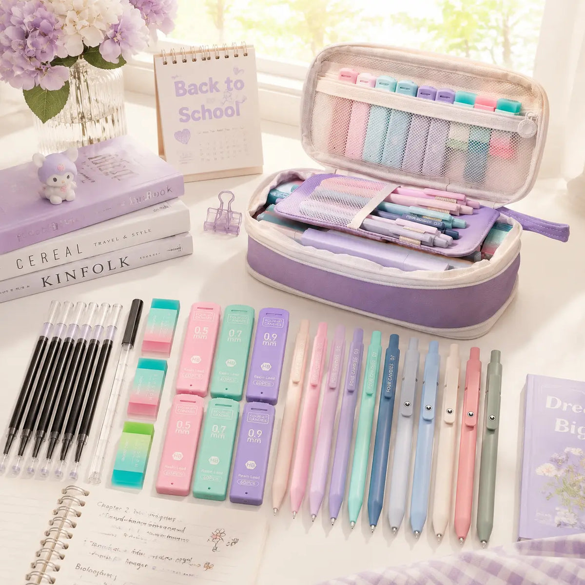 Four Candies 36PCS Aesthetic School Supplies, Mechanical Pencils 0.5mm, 0.7mm, 0.9mm & 2.0mm with 624PCS Lead Refills,Cute Mechanical Pencils for Writing,Drawing & Drafting，girly office supplies, Student Essentials, school supplies art work,Stationery Set