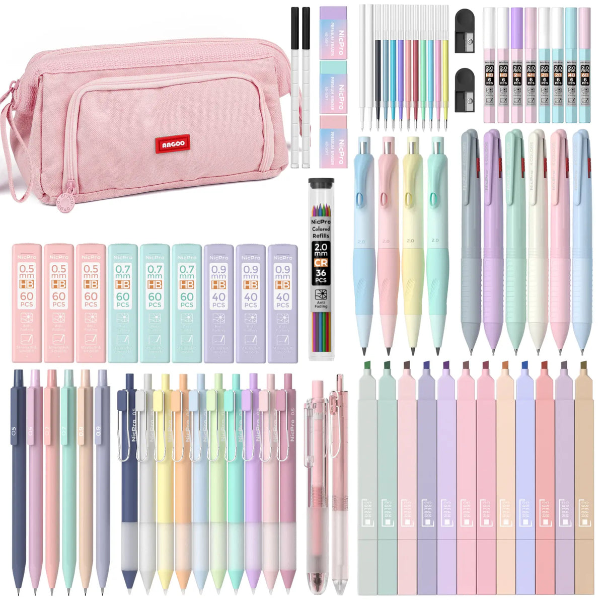 Nicpro 78 PCS Aesthetic School Supplies with Cute Pen Case, 12 Pastel Highlighters, 12 Color & Black Ink Gel Pens, 10 Mechanical Pencils 0.5, 0.7, 0.9, 2.0 mm, 6 Ballpoint Pen for Student Stationary,back to school,back to school shopping