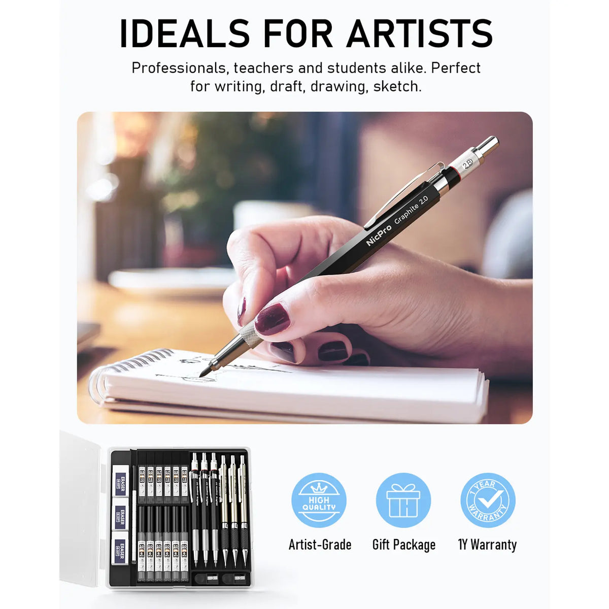 Nicpro 2.0 mm Compact Metal Mechanical Pencil Set - Graphite Mechanical Pencils, Lead Holder with Lead Refills Case for Writing, Sketching (Office Stationery Writing Tool)