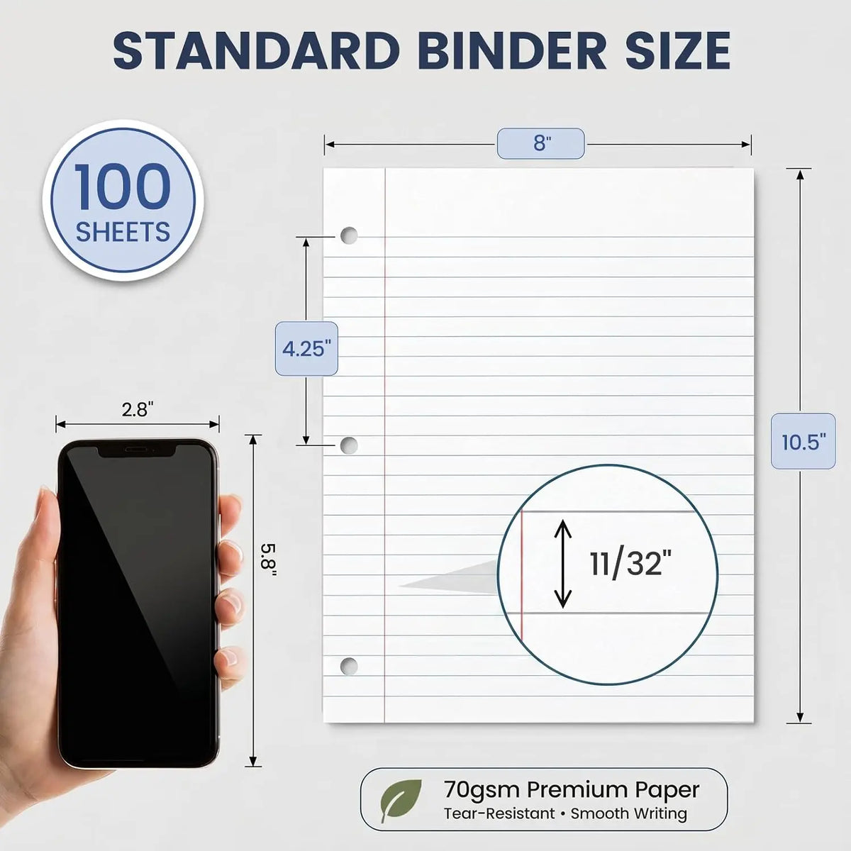 100 Sheets Loose Leaf Paper, 8 x 10-1/2 Inch, 3 Hole Punched Wide Ruled White Filler Notebook Paper for 3 Ring Binders, Ideal for School Notes, Organizing Classwork, School Supplies