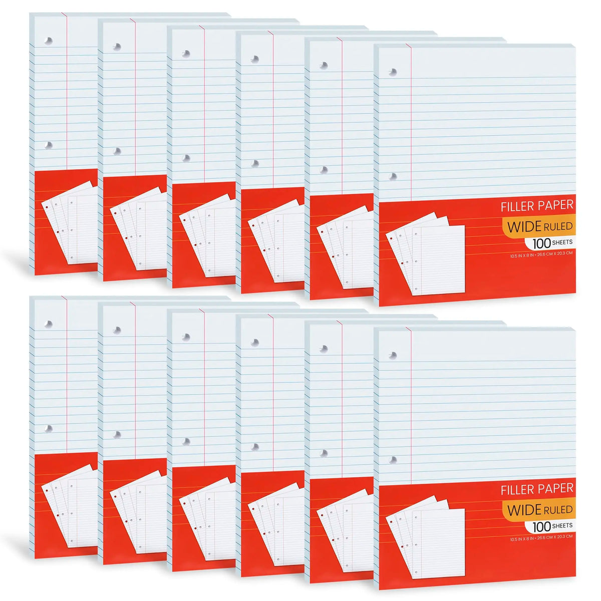 Wide Ruled Notebook Paper, 10.5” X 8" Loose Leaf Paper for Students, College, School - 100 Sheets